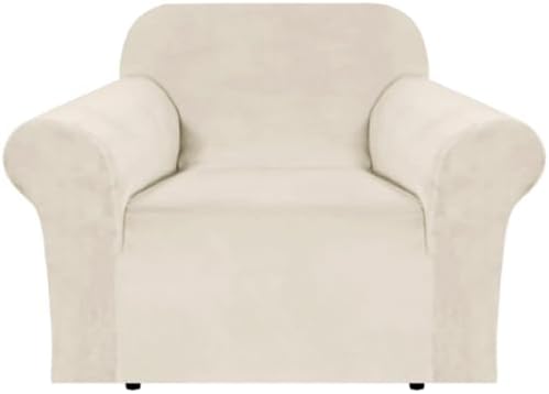 H.VERSAILTEX Stretch Velvet Armchair Cover Couch Covers 1 Cushion Chair Slipcover for Living Room Furniture Cover Crafted from Thick Comfy Rich Velour (Chair 31"-49", Ivory)