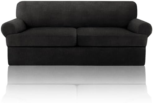 3 Pieces Sofa Covers fot T Cushion Loveseat Slipcover, Sofa Stretch Slip Covers for 2 Cushion Couch with 2 Individual T Shape Seat Covers (Black, 2 Cushion)