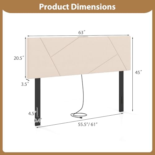 Giantex Headboard with Charging Station, Queen/Full Size Geometric Tufted Upholstered Head Board w/2 AC Outlets, USB & Type-C Port, Rubber Wood Legs, Width Adjustable Modern Bed Headboard Only (Beige)