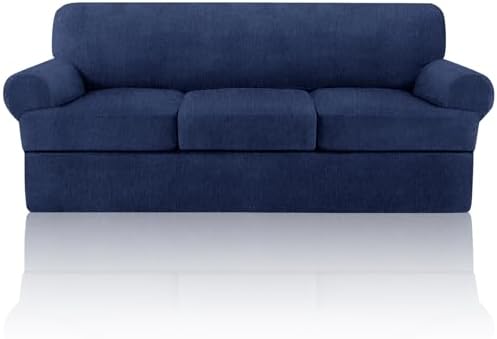 4 Piece T Cushion Sofa Slipcovers Stretch Couch Slip Cover for 3 Cushion Couch Sofa, Machine Washable for Living Room (Navy, 3 Cushions)