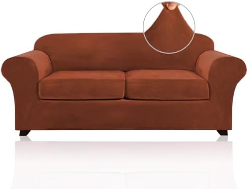 PrinceDeco Couch Cover Velvet Plush Sofa Covers for 2 Cushion Couch Width Up to 90 Inch Washable Furniture Protector Pet Friendly No Slip Sofa Slipcover(Medium-Large, Rust)