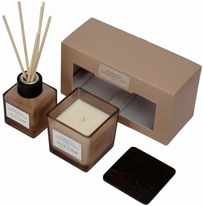French Connection Square Range Scented Candle & Reed Diffuser Gift Set | 220g Shea Butter Wax Candle & 100ml Diffuser | Glass Jar Design | 37-Hour Burn Time | Gift Box (Praline & Cream)