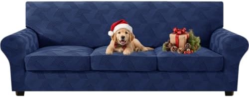 ZNSAYOTX 4 Piece Stretch X-Large Couch Covers (92"-112") New-Rectangle Texture, Thick Sofa Covers for 3 Cushion Oversized Couch Universal Sofa Slip Cover with Elastic Bottom & Buckle, Navy Blue