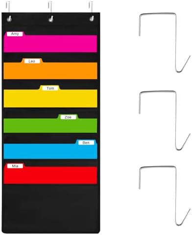 6-Pocket Hanging Wall File Organizer with 3 Hangers, Black Storage Pocket Chart for Door, Wall Folder Organizer, Perfect for Home, Office, Classroom