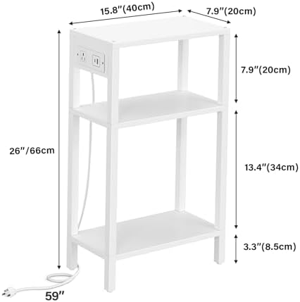 TUTOTAK Narrow Side Table, 3-Tier Small End Table with Charging Station