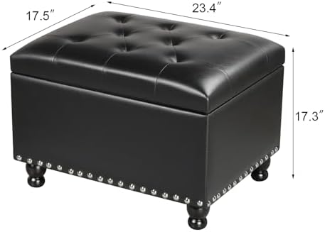 Adeco Storage Ottoman Bench, 23-Inch Upholstered Faux Leather Footrest Stool with Safety Hinge for Entryway & Bedroom, Rectangular Accent Furniture, Holds 350 lbs, Black