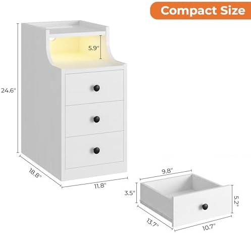 LIKIMIO Narrow Nightstand with Charging Station and LED Lights, Modern Night Stand, End Table with 3 Drawers, Open Shelf, Side Table for Living Room/Bedroom, White