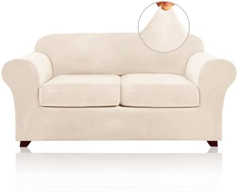 PrinceDeco Velvet Couch Cover Loveseat Covers for 2 Cushion Couch 3 Piece Sofa Covers for Dogs Washable Loveseat Covers Width Up to 72 Inch No Slip Stretch Sofa Slipcover(Medium, Cream)