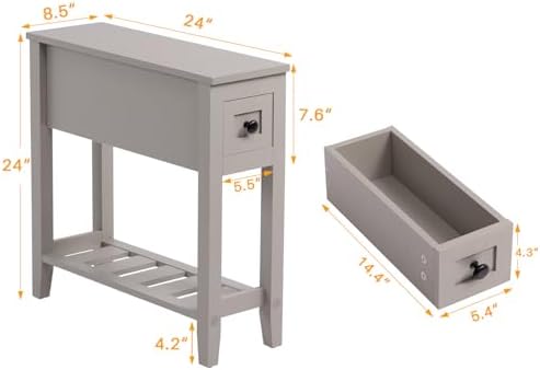 Grey 2 Pack Chairside Narrow End Table with Drawer, Solid Recliner Side Table with Storage Shelf, Slim Nightstand Bedside Table for Bedroom
