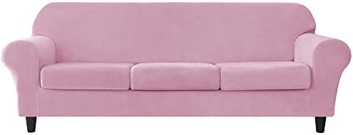 OBCREAT 4 Pieces Sofa Slipcover Stretch Velvet Sofa Covers for 3 Cushion Couch Soft Couch Cover with Elastic Bottom Non Slip Furniture Protector for Pets Kids (Pink, Large)