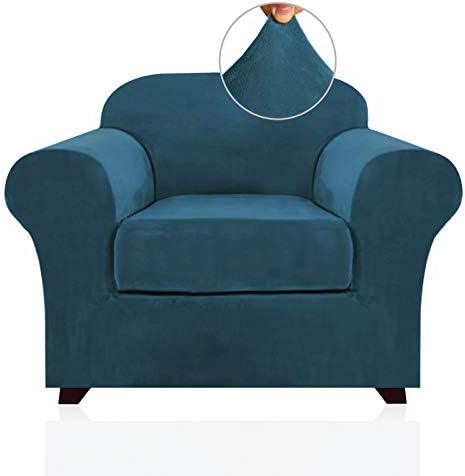 PrinceDeco Velvet Plush Couch Cover Stretch 2 Piece Chair Cover Chair Slipcover Washable Furniture Protector Couch Soft with Elastic Bottom Armchair Cover Width Up to 49 Inch(Small, Deep Teal)