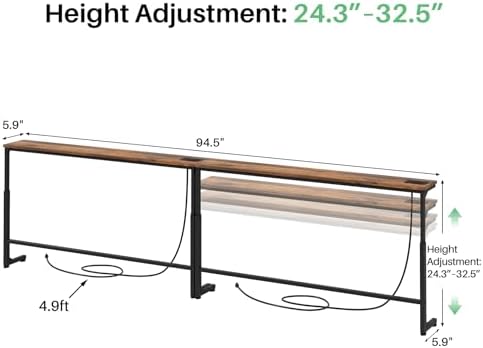 Kitstorack 94.5" Extra-Long Behind Couch Table, Height Adjustable Narrow Console Table with 2 Power Strips, Anti-Tip Wall Screws, Rustic Brown Finish, Split Design for Flexible Use
