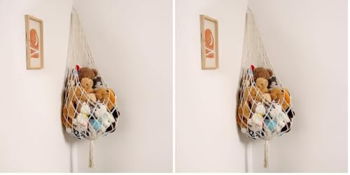 Amdermi Stuffed Animal Hammock Corner, Boho Macrame Plush Toy Storage Net for Wall, Hanging Stuffed Animal Holder for Nursery, Playroom, Kids Room, Cream (Pack of 2)