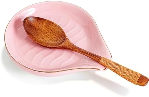 Ceramic Spoon Rest for Stove Top, 5 inch Gold Trim Spoon Holder for Kitchen Counter, Farmhouse Cooking Utensil Holder for Spoons, Ladles, Spatula, Glazed Pink