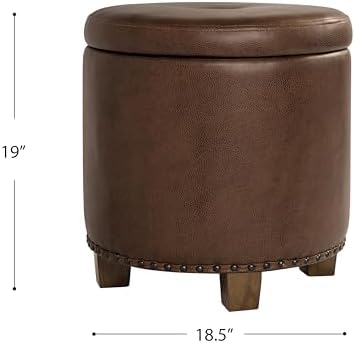 HomePop 18.5" Round Storage Ottoman with Nailheads - Brown Faux Leather