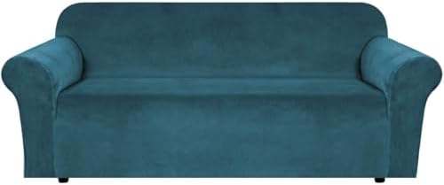 H.VERSAILTEX Stretch Velvet Sofa Covers for 3 Cushion Couch Covers Furniture Protector Soft with Non Slip Elastic Bottom, Crafted from Thick Comfy Rich Velour (Large Sofa 90"-97", Deep Teal)