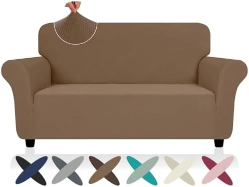 ZNSAYOTX Super Stretch Loveseat Covers (57"-70"), New Striped Love Seat Slipcover, Dogs Pet Friendly Anti-Slip Couch Protector Spandex Durable 2 Seater Fabric Sofa Cover (Light Coffee, Loveseat)