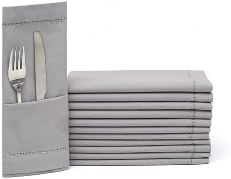 Lightnpro Hemstitched Cloth Dinner Napkins, 18x18 Inch, Ash Grey