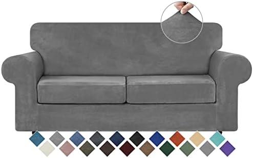 WEERRW Velvet Stretch 3 Pieces Couch Cover for Sofa Washable, Light Grey