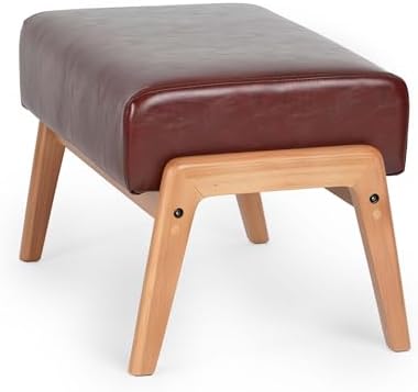 Foot Stool, Leatherette Wooden Step Stool, Modern Rectangle Ottoman Wide Vanity Stool with Cushion for Couch Living Room Bedroom Entryway, Brown