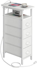 sthmec Side Table with Charging Station, Narrow End Table with 4 Drawers, Small Nightstands with Fabric Drawers,Slim Sofa Couch Side Tables for Small Spaces,Living Room,Bedroom, White