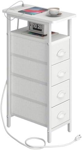 sthmec Side Table with Charging Station, Narrow End Table with 4 Drawers, Small Nightstands with Fabric Drawers,Slim Sofa Couch Side Tables for Small Spaces,Living Room,Bedroom, White