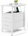Vagusicc White End Table with Charging Station, Narrow Side Table, 23.8'' Tall Nightstand with 2 Fabric Drawers, Small Sofa Side Table Narrow Nightstand for Small Spaces, Bedroom, Bedsise Table, White