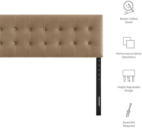 Modway Emily Full Size Performance Velvet Headboard in Taupe - Stain-Resistant Velvet Upholstery with Button Tufting and 7 Adjustable Height Positions