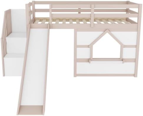 Bellemave Twin Low loft/bunk Bed with Slide and Storage Staircase LED for Kids,Wood Loft Beds,White +Beige
