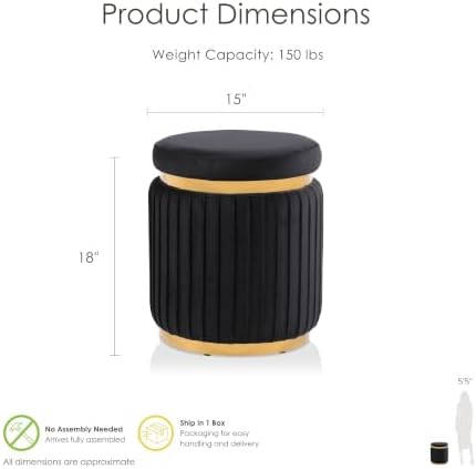 Furniture of America Magnus Modern 15-inch Upholstered Round Ottoman with Gold Trim and Stainless Steel Base, Vanity Stool Chair, Small Foot Stool for Bedroom, Living Room, Entryway, Black