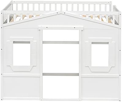 Twin Size Wood Loft Bed, House Bed Frame with Ladder and Safety Guardrails for Kids, No Box Spring Needed, White