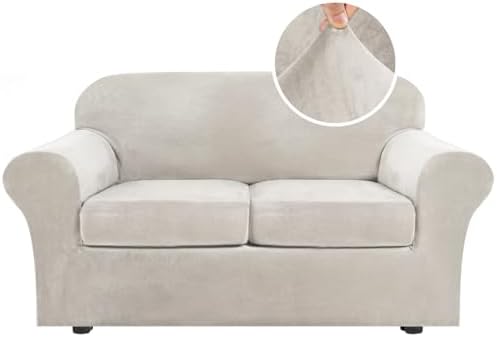 H.VERSAILTEX Real Velvet Plush 3 Piece Stretch Sofa Covers Couch Covers for 2 Cushion Couch Loveseat Covers Width Up to 72 Inch Thick Stay in Place (Medium Sofa, Oatmeal)