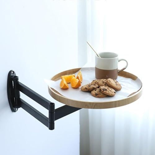 Retractable Wall Mounted Folding Table, 11.8" Adjustable Small Folding Round Desk with Retractable Aluminum Alloy Brackets for Bedroom Bathroom Balcony Living Room Saving (Oak Color)