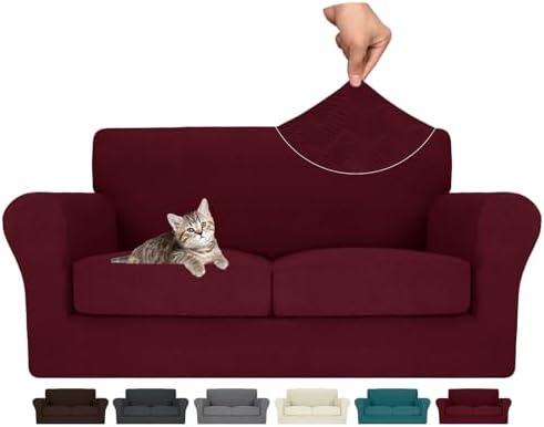MAXIJIN 3 Piece Couch Covers for 2 Cushion Couch loveseat Cover, Stretch Love Seat Sofa Slipcovers for Dogs Pet, Thick Furniture Protector with 2 Seat Cushion (55"-69", Wine Red)