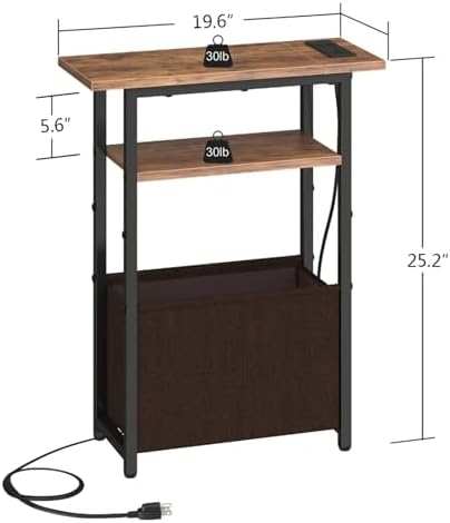 sthmec Narrow Side Table with Charging Station, Small End Table for Small Spaces, Skinny Nightstands with Storage Basket, 3 Tier Sofa Couch Bedside Tables for Living Room,Bedroom, Rustic Brown