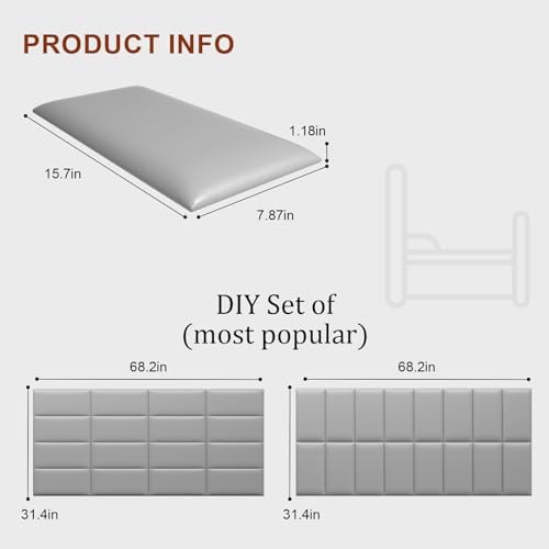 Peel and Stick Headboard Grey Upholstered Wall Panels, 4 Panels Sized 7.8" x 15.7", 3D Anti-Collision Soundproof Self-Adhesive Wall Panel for Bedroom