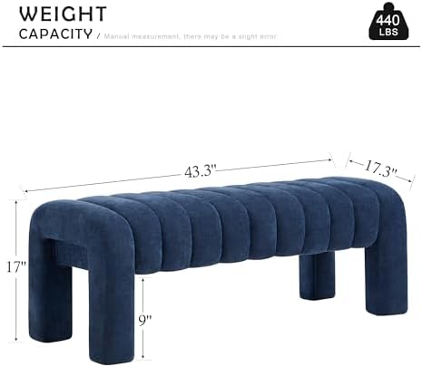 43.3" Bedroom Bench, Upholstered Entryway Bench, Modern End of Bed Ottoman with Solid Wood Legs and Adjustable Foot Pegs for Entryway, Dining Room and Living Room (Blue Chenille)