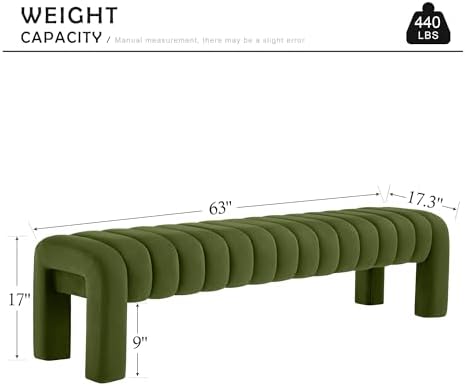 63" Bedroom Bench, Upholstered Entryway Bench, Modern End of Bed Ottoman with Solid Wood Legs and Adjustable Foot Pegs for Entryway, Dining Room and Living Room (Green Velvet)