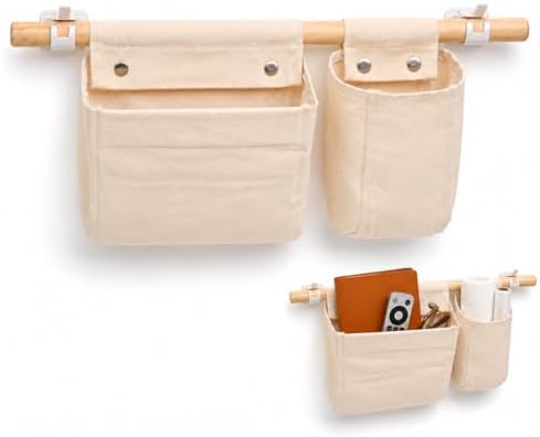 No Drill Canvas Wall Organizer with Mounting Clips, Hanging Pocket Organizer with Wooden Rod, Fabric Wall Storage for Bedroom, Bathroom, Entryway (Medium & Small Set)