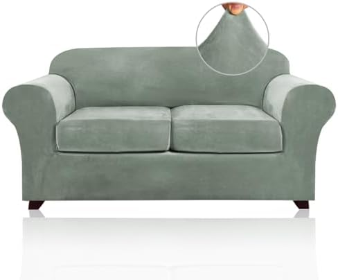 PrinceDeco Velvet Couch Cover Loveseat Covers for 2 Cushion Couch 3 Piece Sofa Covers for Dogs Washable Loveseat Covers Width Up to 72 Inch No Slip Stretch Sofa Slipcover(Medium, Seagrass)