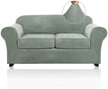 PrinceDeco Velvet Couch Cover Loveseat Covers for 2 Cushion Couch 3 Piece Sofa Covers for Dogs Washable Loveseat Covers Width Up to 72 Inch No Slip Stretch Sofa Slipcover(Medium, Seagrass)