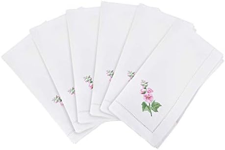 Handmade Hollyhock Embroidery Napkin with Hemstitched Border (Set of 6)