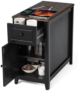 End Table with Charging Station, Side Table with Storage&Deep Drawer, Black