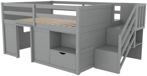 Bellemave Full Size Low loft Bed for Kids,Wood Loft Beds,Modern Farmhouse Full loft Bed,Loft Bed with Desk and Storage, No Box Spring Needed,for Kids, Gray