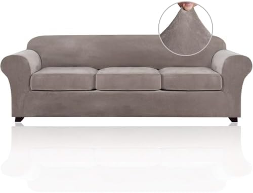 PrinceDeco Velvet Couch Covers for Sofa Soft 4 Pieces Couch Covers for 3 Cushion Couch Sofa Pet Friendly Furniture Protector with Non Slip Elastic Bottom Width Up to 97 Inch (Large Sofas, Taupe)