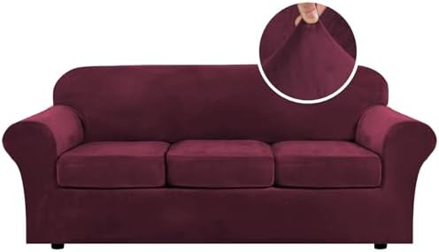 H.VERSAILTEX High Stretch Sofa Slipcover 4 Piece Cover Velvet Furniture Protector Form Fit Thick Velvet Extra Large Sofa Cover for 3 Cushion Couch Width Up to 97 Inch (Large Sofa, Wine/Burgundy)