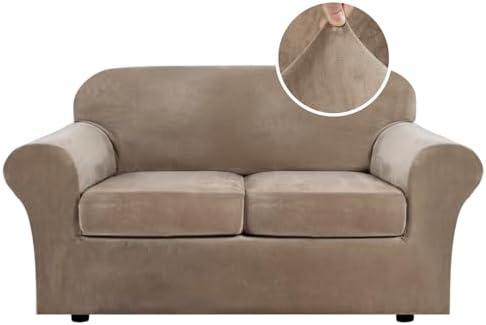 H.VERSAILTEX Real Velvet Plush 3 Piece Stretch Sofa Covers Couch Covers for 2 Cushion Couch Loveseat Covers Width Up to 72 Inch Feature Thick Soft Stay in Place (Medium Sofa, Camel)
