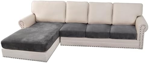H.VERSAILTEX Velvet Stretch Sectional Sofa Covers - 4 Piece Seat Cushions for L Shape Sectional Couch (Large 3 Seater + 1 Chaise, Grey)