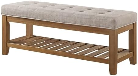 24KF Large Rectangular Upholstered Tufted Linen Fabric Ottoman Bench, Padded Bench with Solid Wood Shelf-Linen