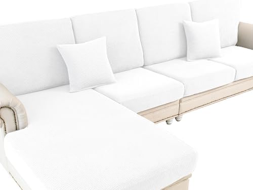 LA MEACK Couch Cushion Covers for Sectional Sofa L Shape Washable Separate Seat Chaise Couch Cover Stretch Sofa Slipcovers with 2 Pcs Pillowcases(3 Seater + 1 Chaise, White)